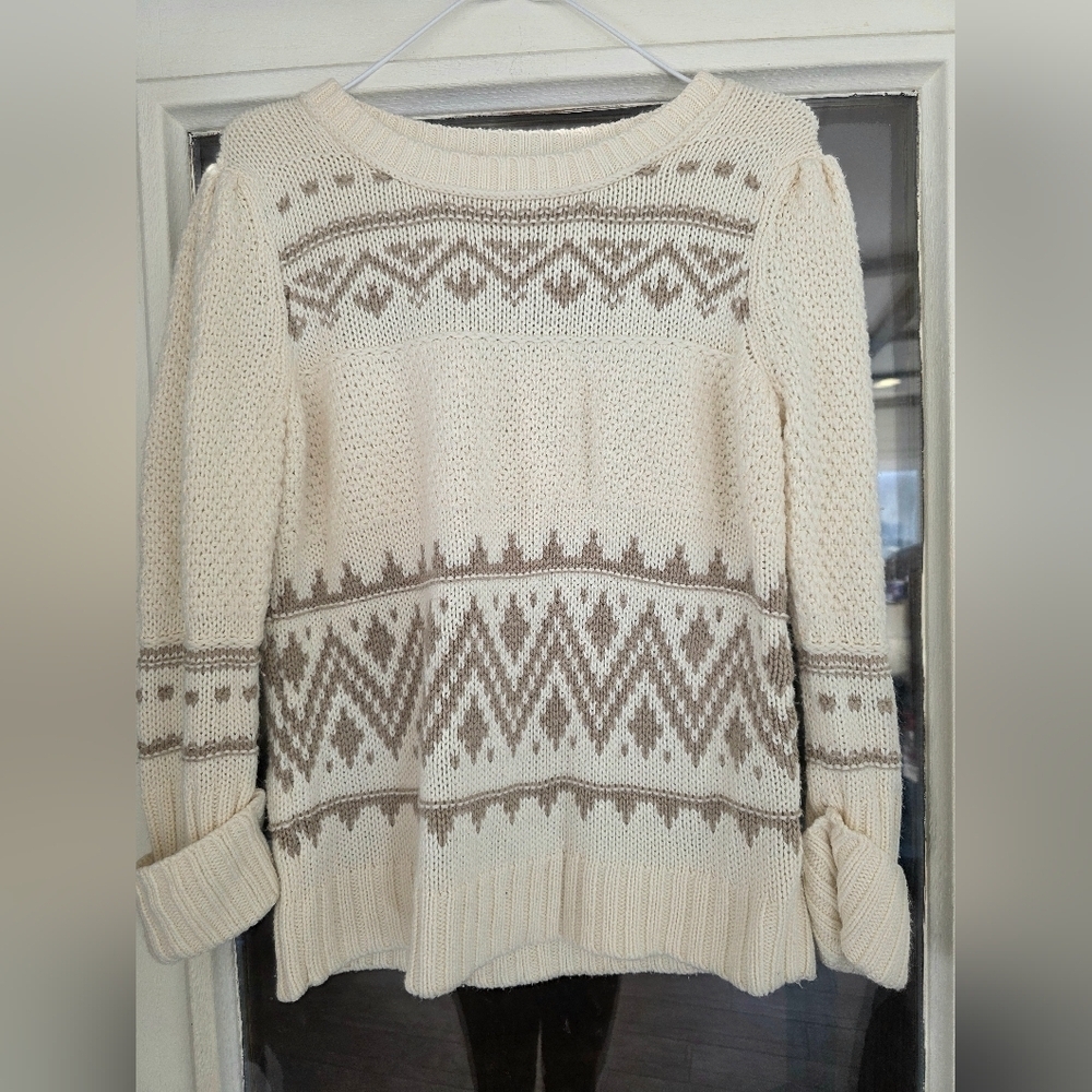 Caslon Cream Brown Pattern Sweater Sz Large